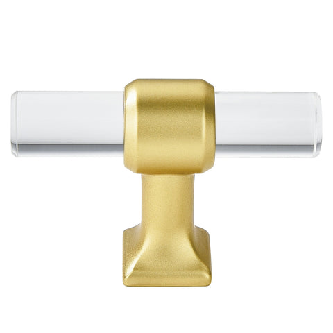 Clear Acrylic Cabinet Knobs，Brushed Brass Drawer Knobs，Modern T Bar Gold Cabinet Knobs for Dresser Drawers Cupboard Wardrobe