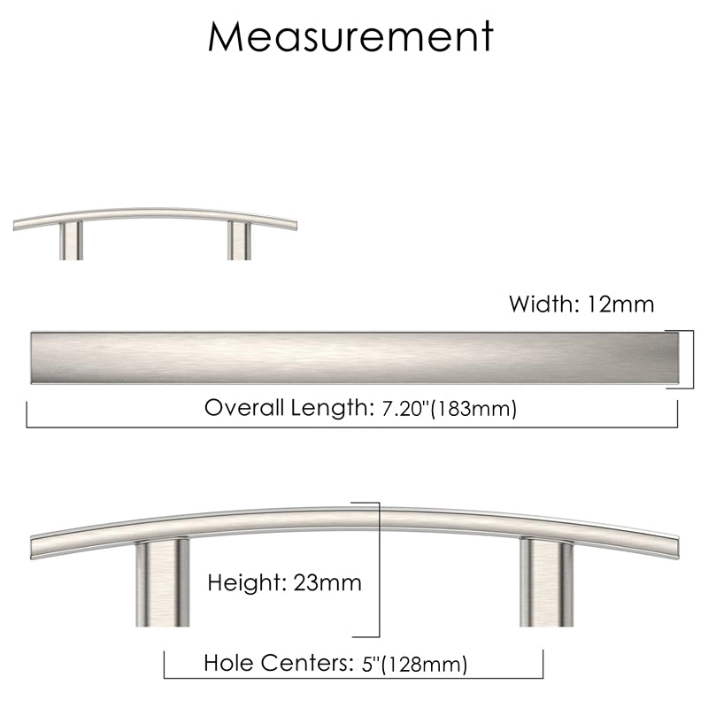 Curved Arch Cabinet Pulls，Zinc Handle Bar 5 Inch (128mm Hole Centers，Brushed Nickel)