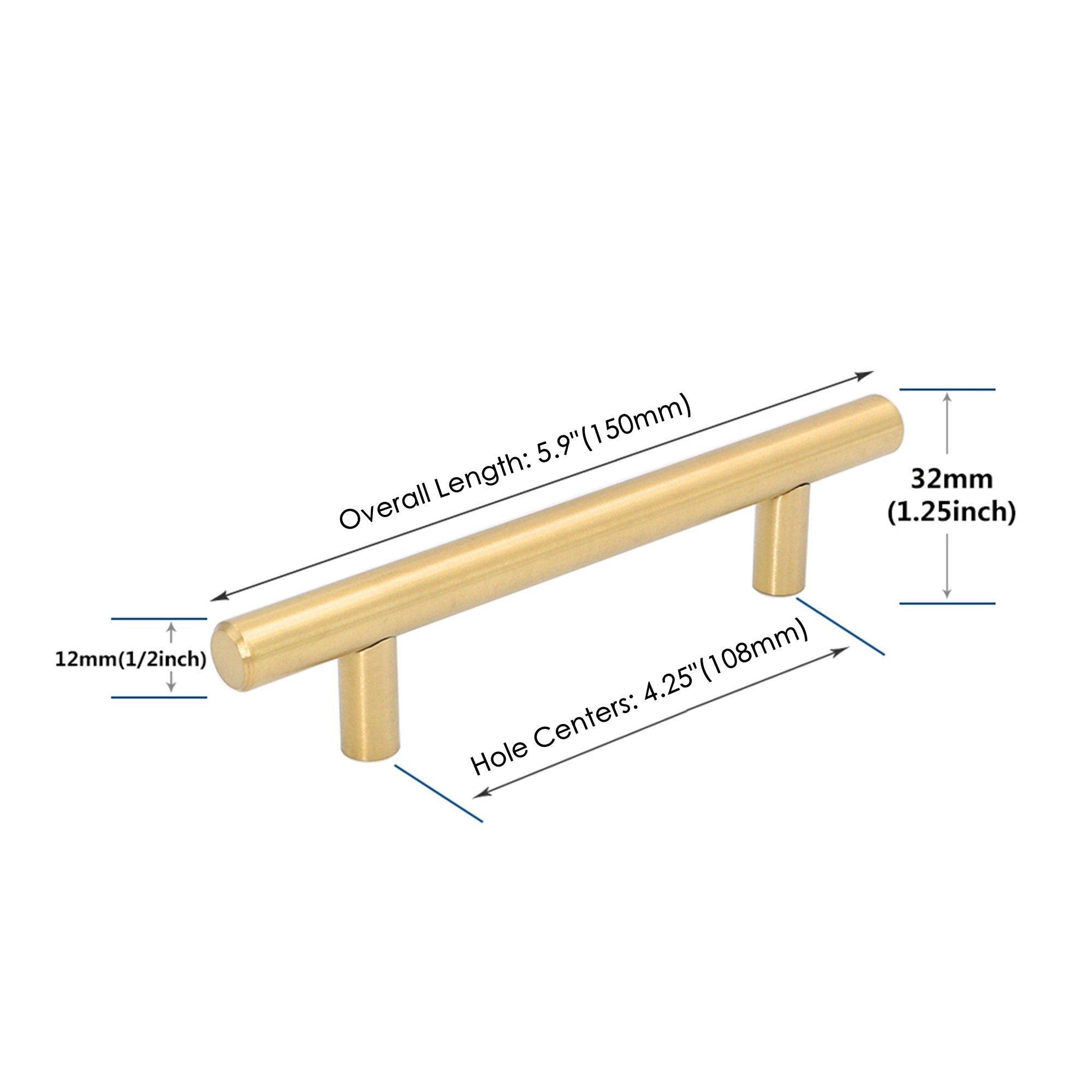 4.25 Inch(C-C) Brushed Brass Cabinet Handles (4.25"，Customized Size)