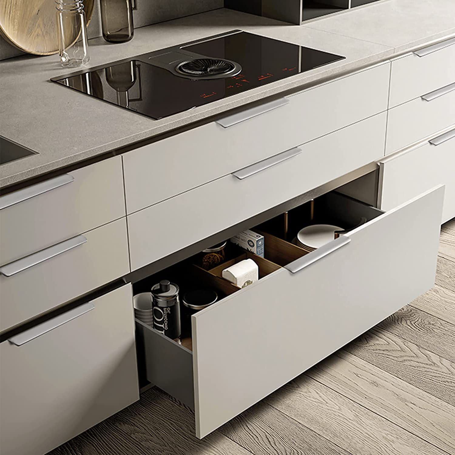 30 Pack Brushed Nickel Edge Finger Handle，5"(128mm) Center to Center Drawer Pulls，Aluminum Alloy Cabinet Handles for Cabinets Concealed Pulls