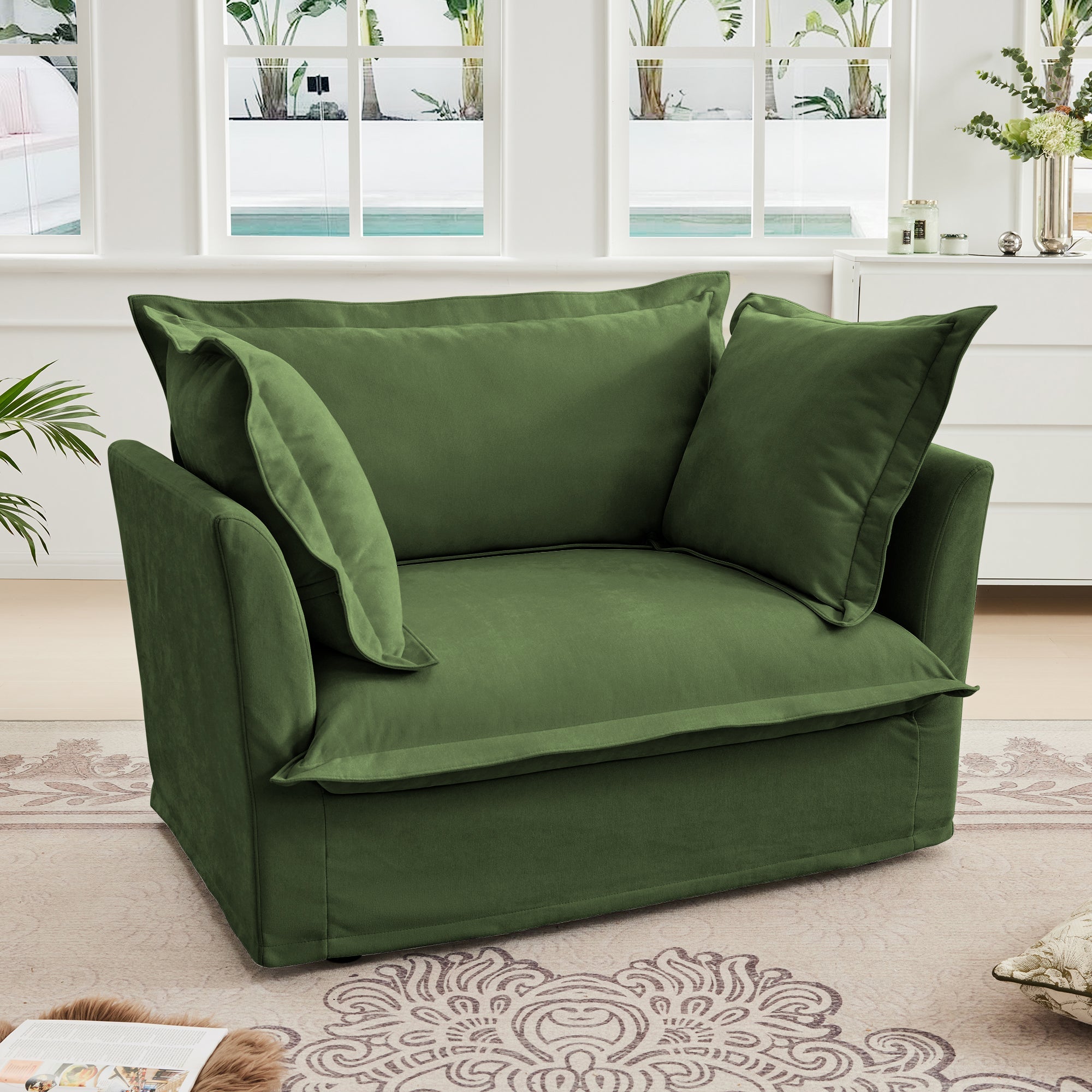 Single Deep Seat Comfy Single Couch Sofa Multiple Large Soft Pillows (Chenille Fabric, Green)