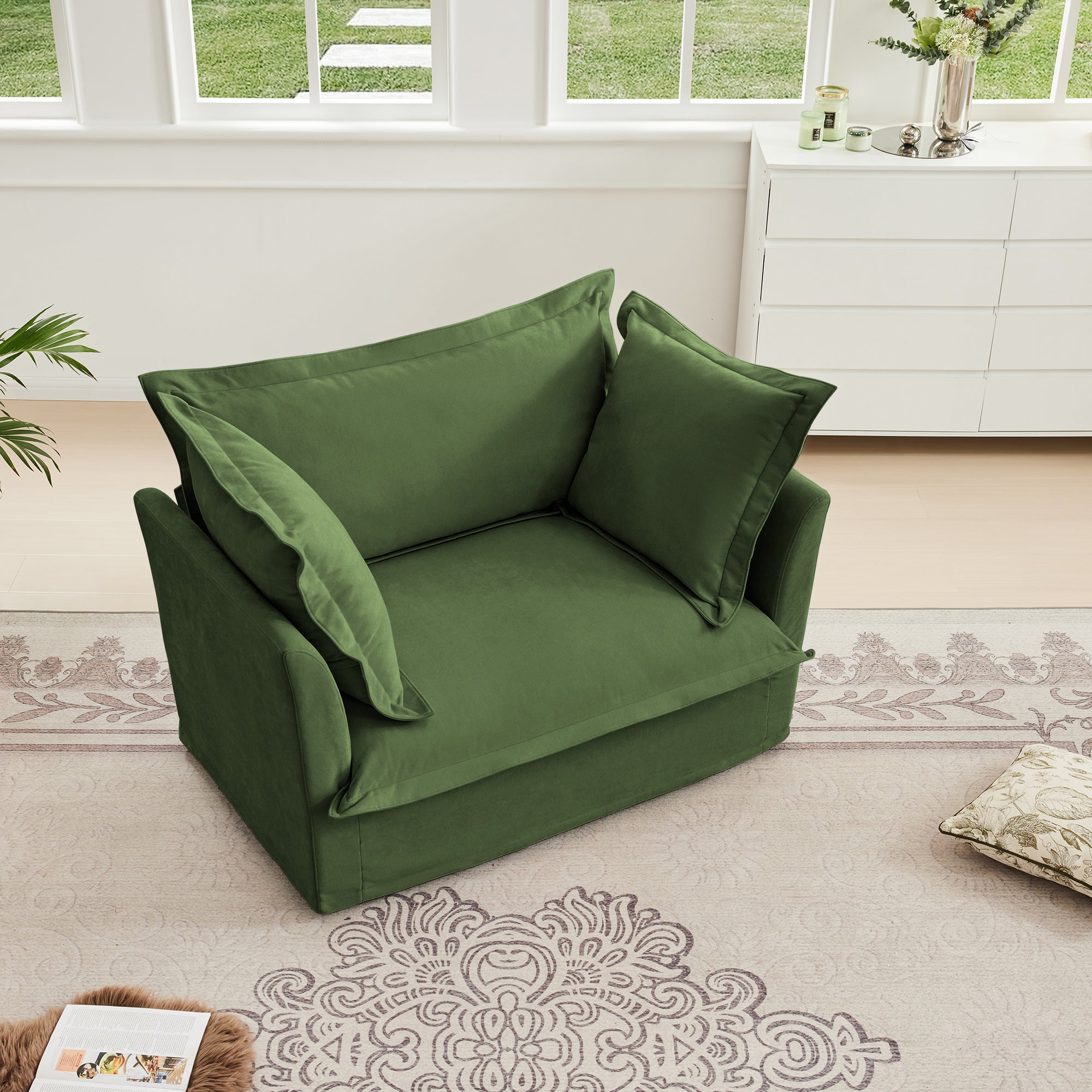 Single Deep Seat Comfy Single Couch Sofa Multiple Large Soft Pillows (Chenille Fabric, Green)