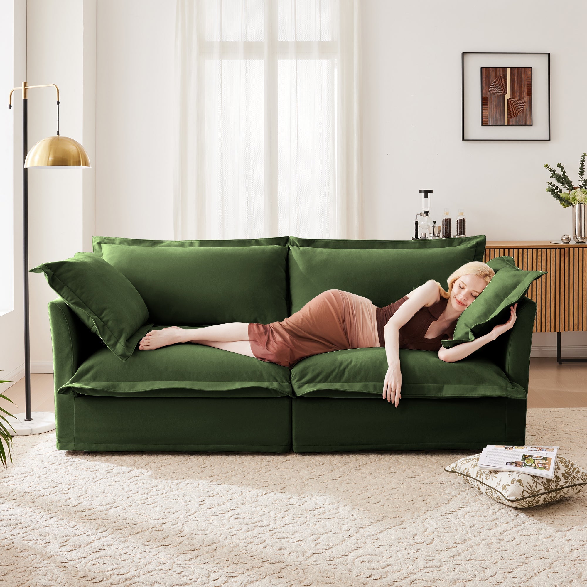 Modern Slipcovered 2-Seat Sofa Couches for Living Room, 2 Seater Sofa, Plain Chenille Deep Seat Sofawith Upholstered Cushion&Detachable Cover (Chenille Fabric，Green)