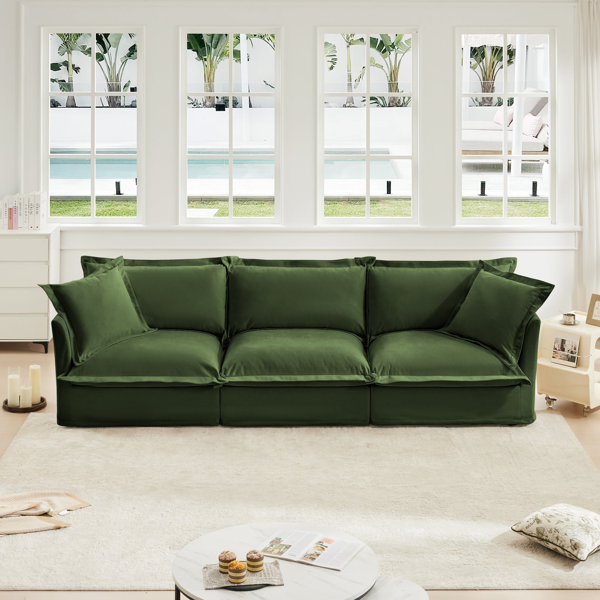 Modern 3 Seater Sofa, Upholstered Sectional Sofa with Armrest, Comfy Couches for Living Room, Apartment, Home Office (Chenille Fabric, Green)