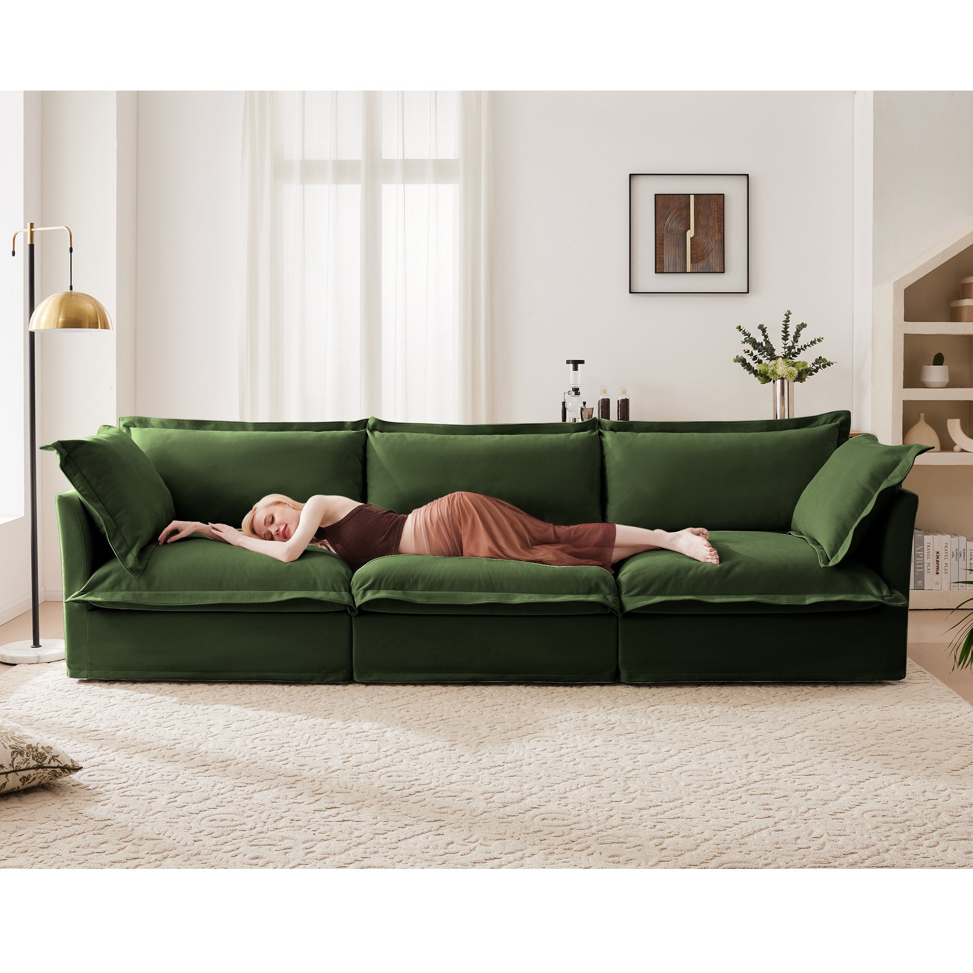 Modern 3 Seater Sofa, Upholstered Sectional Sofa with Armrest, Comfy Couches for Living Room, Apartment, Home Office (Chenille Fabric, Green)