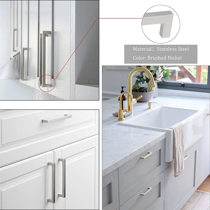 4-1/2 inch(115mm) Hole Center Cabinet Pulls Square Cabinet Handles for Kitchen Stainless Steel Brushed Nickel Drawer Pulls (5" Length）