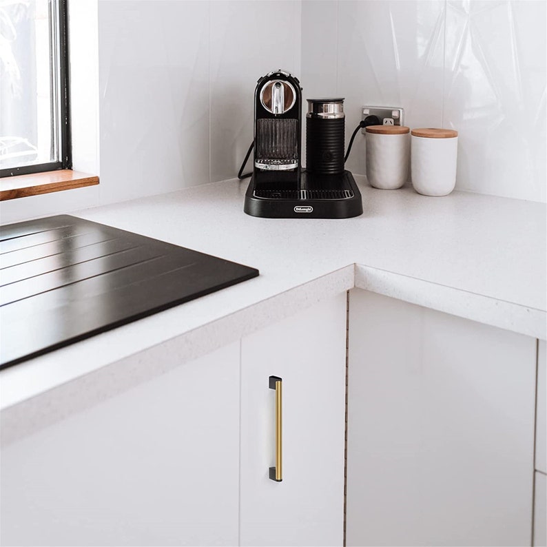 Brushed Brass Square Cabinet Handle Stainless Steel Drawer Pulls，Gold Kitchen Cabinet Pulls with Black Base for Kitchen Bath Bedroom