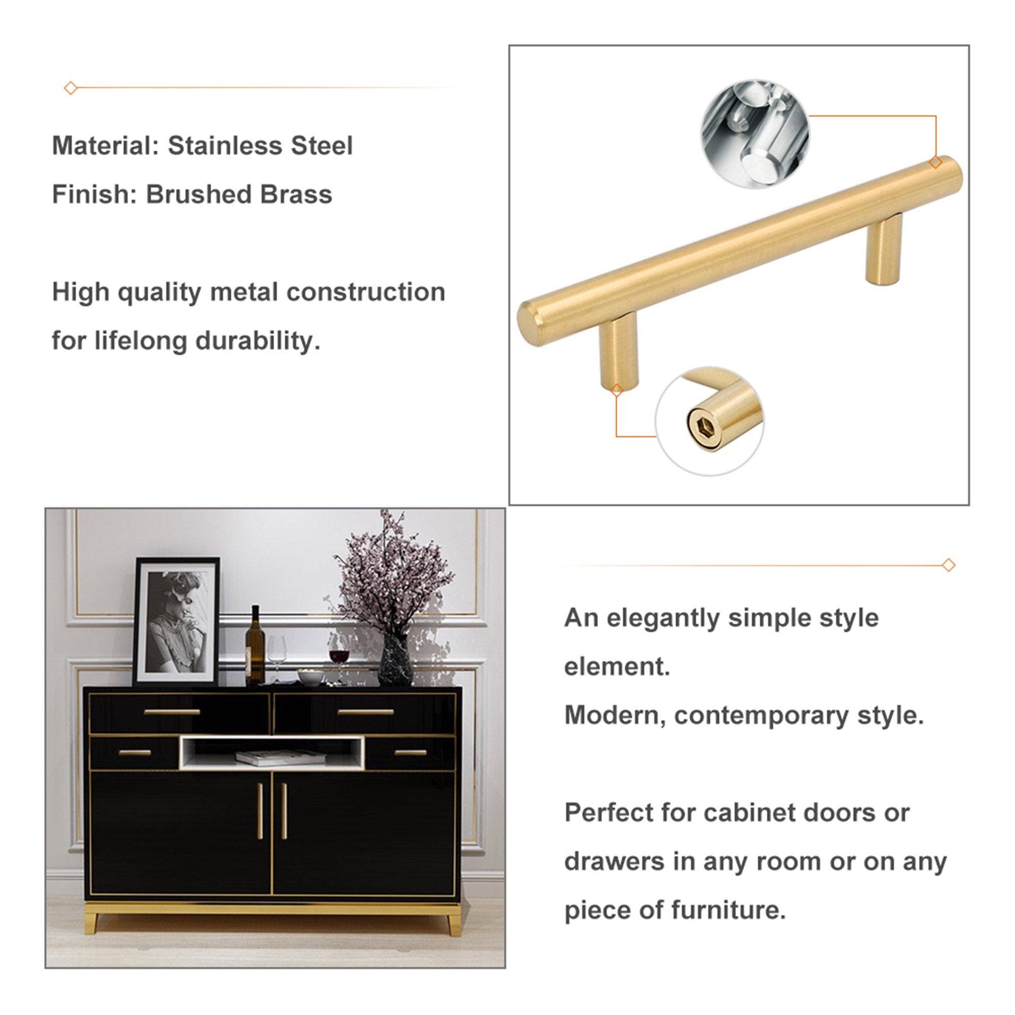10 Pack 3.25 Inch(C-C) Brushed Brass Cabinet Handles (3.25"，Customized Size)