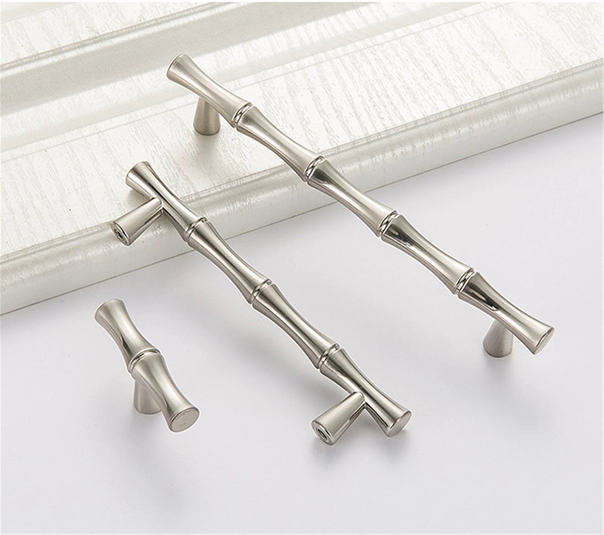 Bamboo Brushed Nickel Cabinet Pulls Zinc Alloy Cupboard Handles - Bamboo Shape Series - Hole Centers(T-Bar Knob，96mm，128mm)