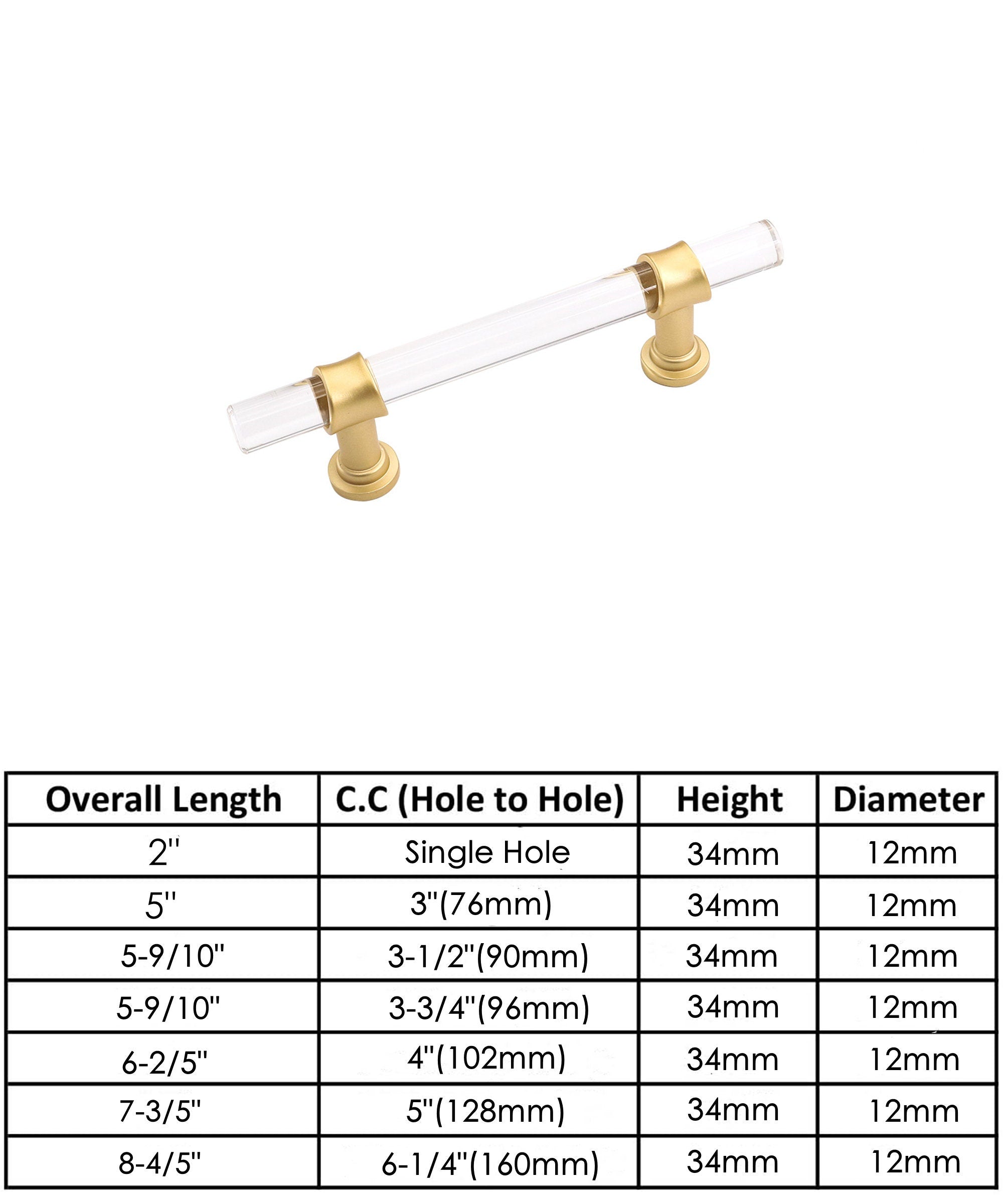Brushed Brass Cabinet Pulls Arcylic Drawer Pulls - Acrylic Round Bar Series - Hole Centers(2-1/2 Inch，64mm)