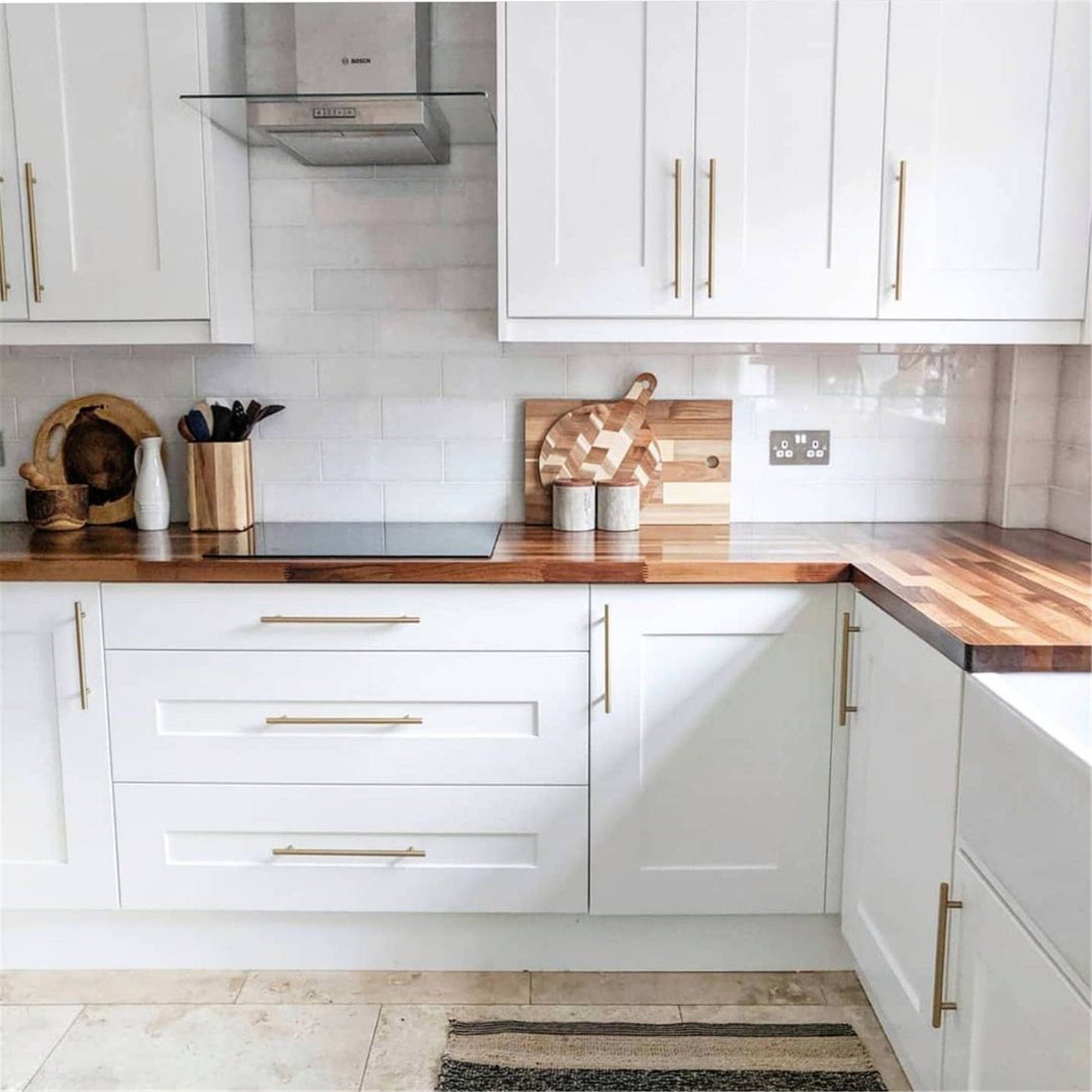 Brushed Brass Cabinet Pulls，Stainless Steel Drawer Handles，7-1/2" Hole Center Drawer Pulls and Door Knobs for Furniture Kitchen Hardware