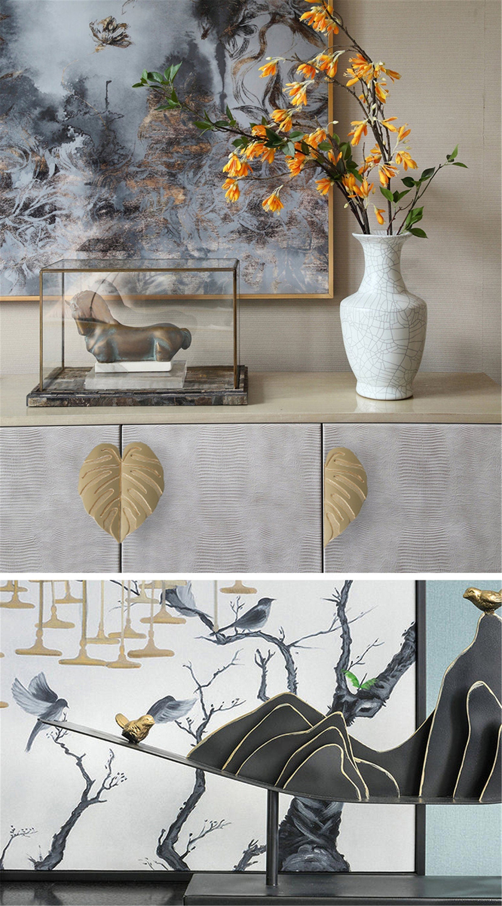 4 Pairs Creative Leaf Shape Handle Knob with Mounting Screws for Kitchen Cupboard Cabinet Wardrobe Drawer Door (Gold, 64mm)