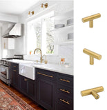 Brushed Brass Cabinet Knobs，2" Overall Length Modern T Bar Knobs Single Hole Dresser Pulls(T-Knob)