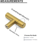 Brushed Brass Cabinet Knobs，2" Overall Length Modern T Bar Knobs Single Hole Dresser Pulls(T-Knob)