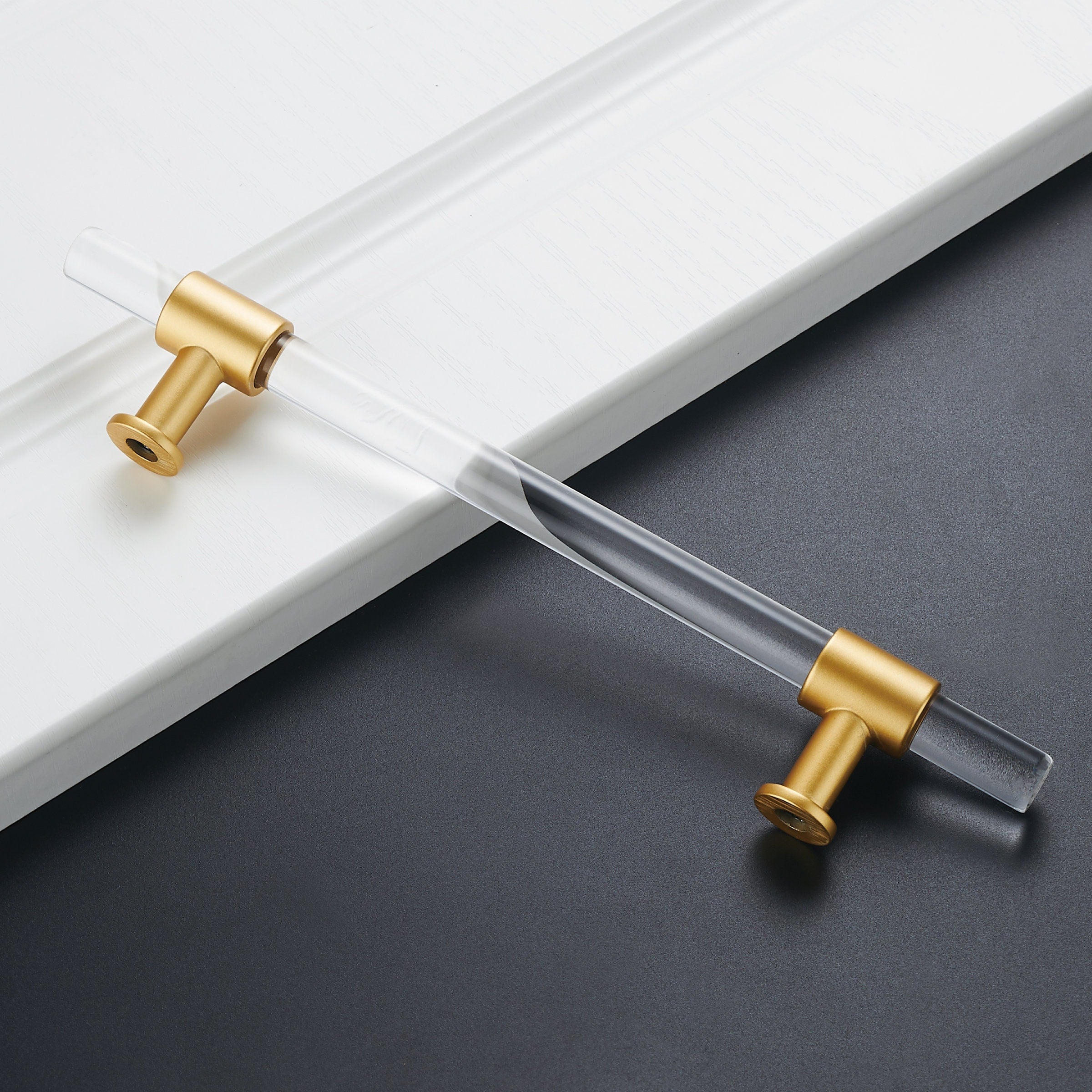 4in Hole Centers Cabinet Pulls, Clear Acrylic Drawer Pulls, Brushed Brass Finish with Zinc Alloy Base(102mm Hole Center)