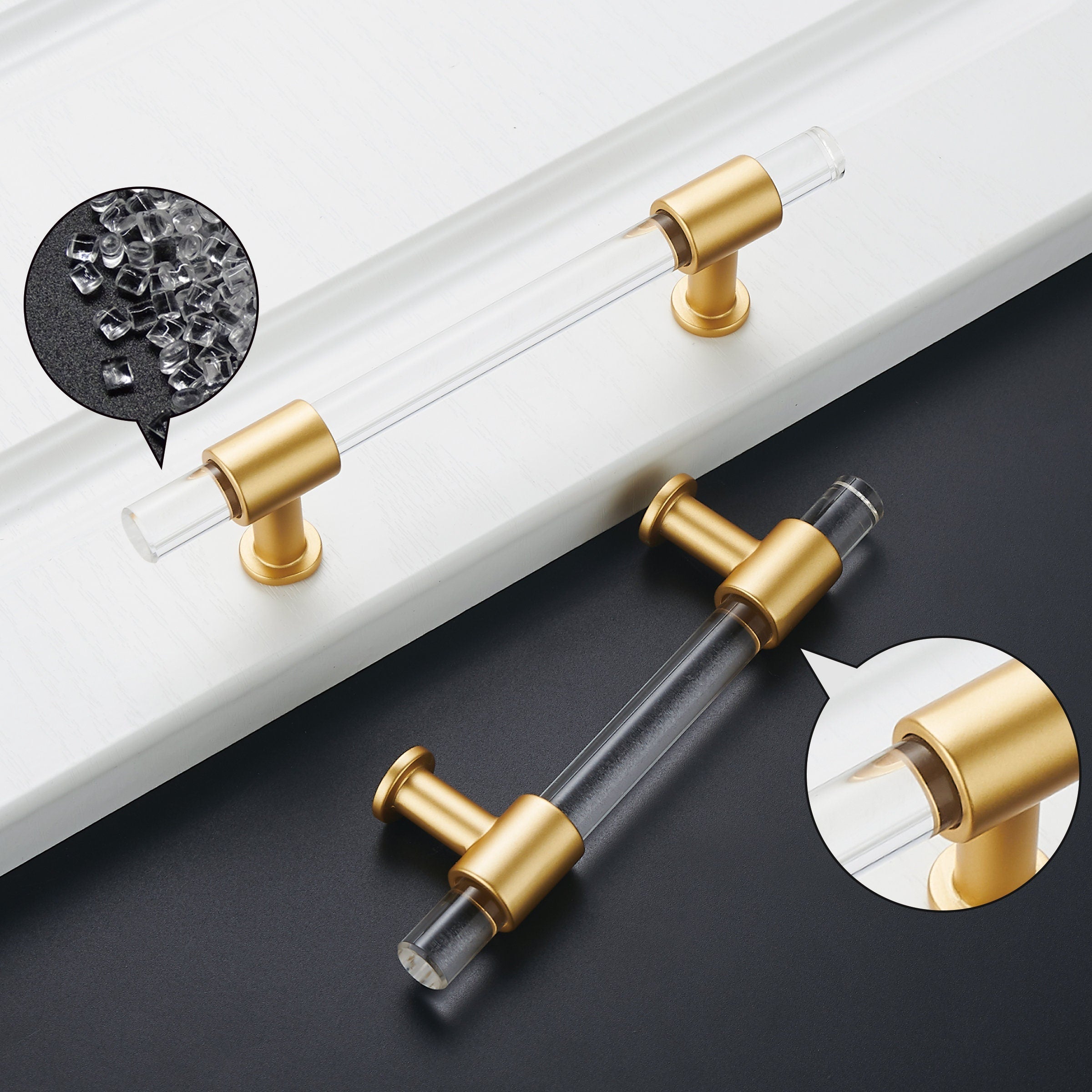 1 Pack Acrylic Cabinet Pulls with Brass Base，Gold Modern Drawer Handles for Bedroom Bathroom Office